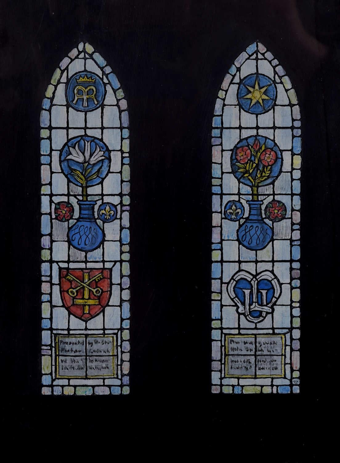 We acquired a series of watercolour stained glass designs from Jane Gray's studio. To find more scroll down to "More from this Seller" and below it click on "See all from this seller." 

Jane Gray (b.1931)
Stained Glass Design
Watercolour
18 x 13