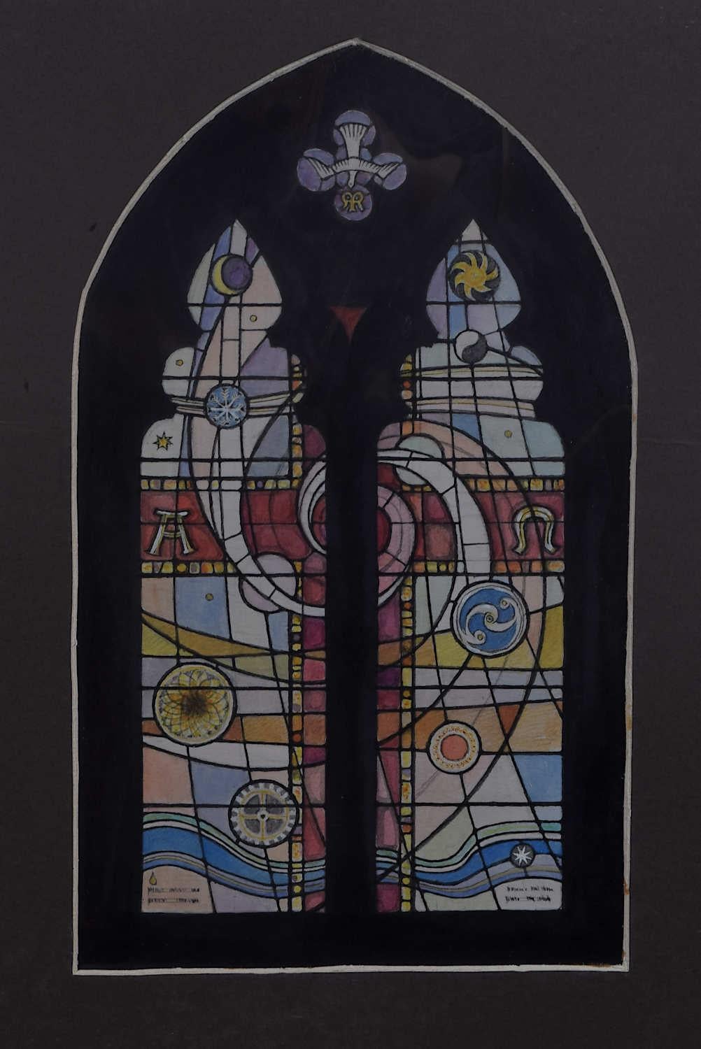 We acquired a series of watercolour stained glass designs from Jane Gray's studio. To find more scroll down to "More from this Seller" and below it click on "See all from this seller." 

Jane Gray (b.1931)
Stained Glass Design
Watercolour
23 x 13.5