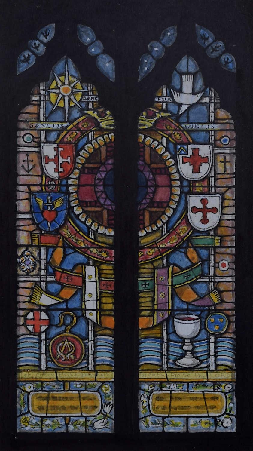 We acquired a series of watercolour stained glass designs from Jane Gray's studio. To find more scroll down to "More from this Seller" and below it click on "See all from this seller." 

Jane Gray (b.1931)
Stained Glass Design
Watercolour
18.5 x