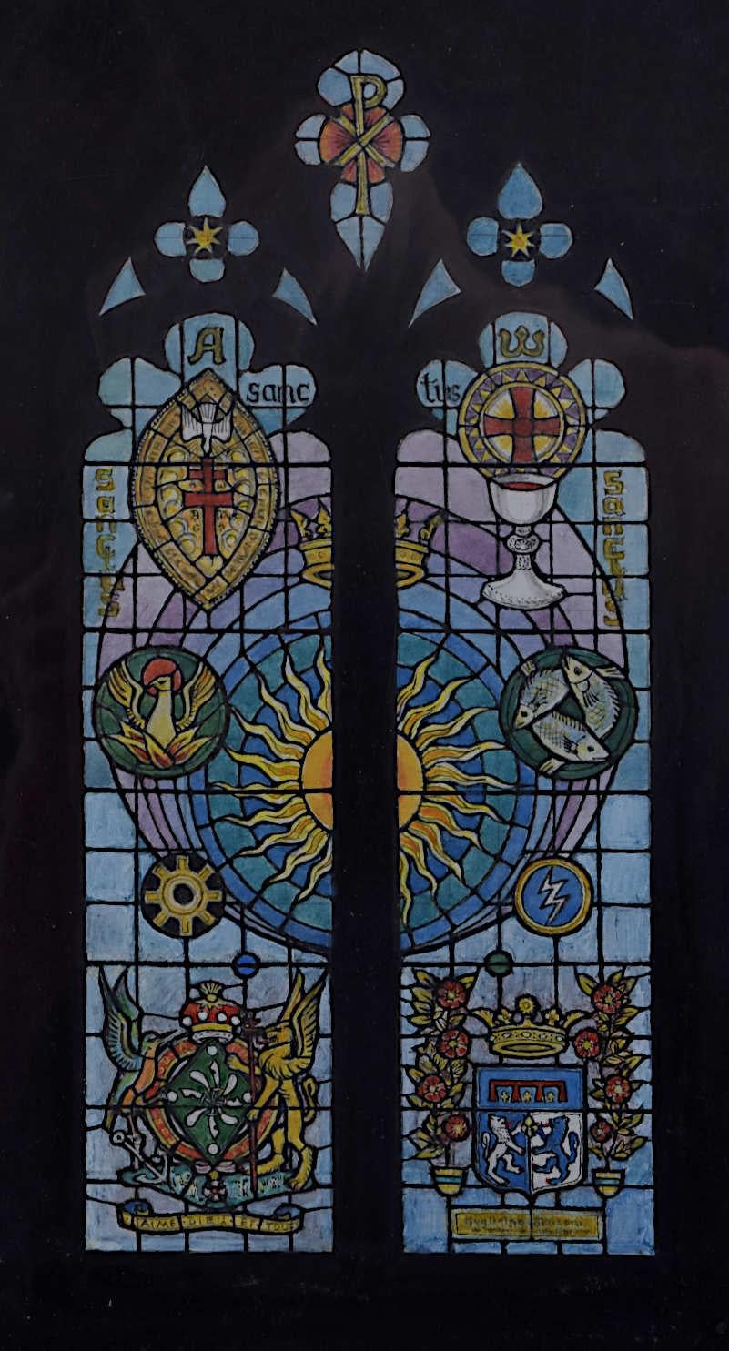 We acquired a series of watercolour stained glass designs from Jane Gray's studio. To find more scroll down to "More from this Seller" and below it click on "See all from this seller." 

Jane Gray (b.1931)
Stained Glass Design
Watercolour
23 x 12.5