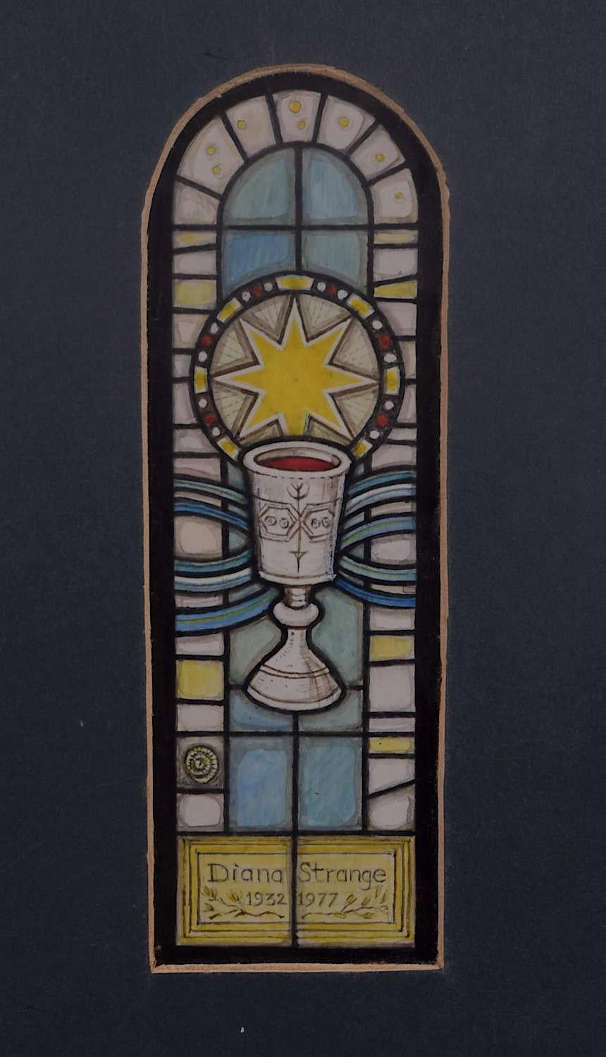 We acquired a series of watercolour stained glass designs from Jane Gray's studio. To find more scroll down to "More from this Seller" and below it click on "See all from this seller." 

Jane Gray (b.1931)
Stained Glass Design
Watercolour
15.5 x 5
