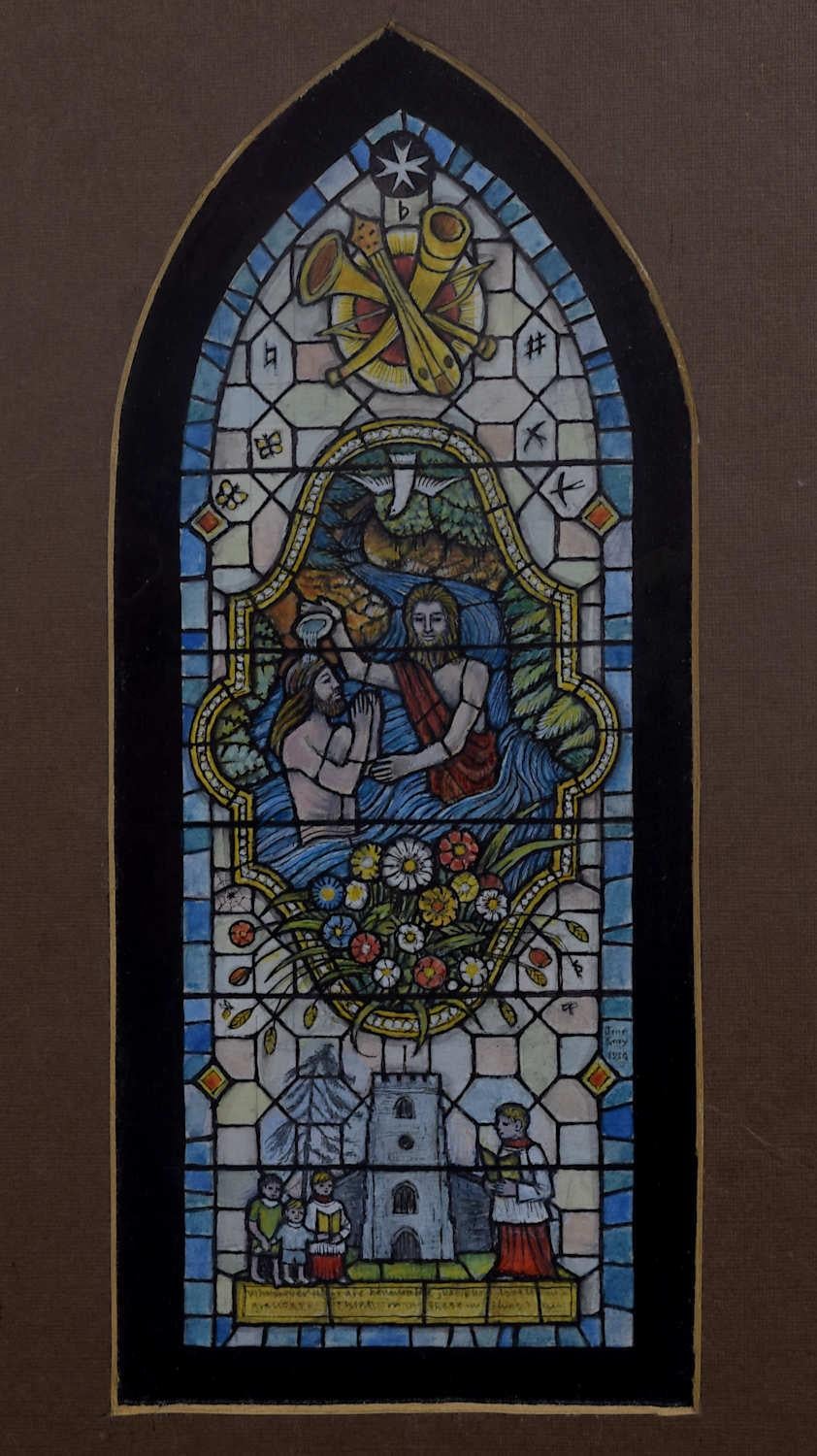 We acquired a series of watercolour stained glass designs from Jane Gray's studio. To find more scroll down to "More from this Seller" and below it click on "See all from this seller." 

Jane Gray (b.1931)
Stained Glass Design
Watercolour
20 x 9