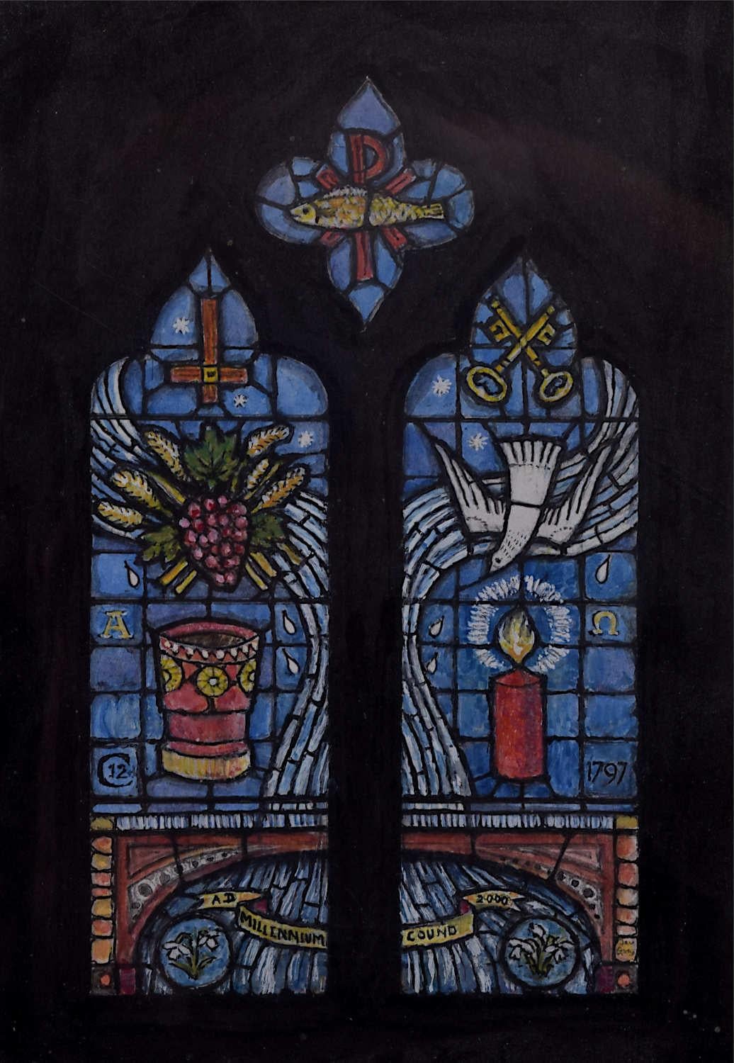 We acquired a series of watercolour stained glass designs from Jane Gray's studio. To find more scroll down to "More from this Seller" and below it click on "See all from this seller." 

Jane Gray (b.1931)
Stained Glass Design
Watercolour
16.5 x