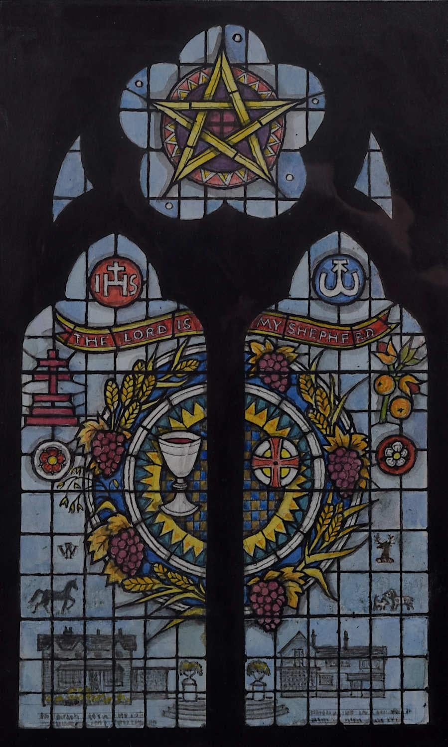 We acquired a series of watercolour stained glass designs from Jane Gray's studio. To find more scroll down to "More from this Seller" and below it click on "See all from this seller." 

Jane Gray (b.1931)
Stained Glass Design
Watercolour
21 x 12.5