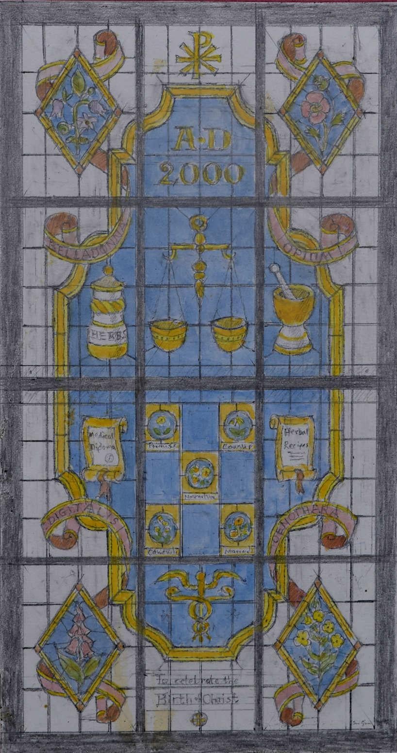 We acquired a series of watercolour stained glass designs from Jane Gray's studio. To find more scroll down to "More from this Seller" and below it click on "See all from this seller." 

Jane Gray (b.1931)
Stained Glass Design
Watercolour
25 x 13.5