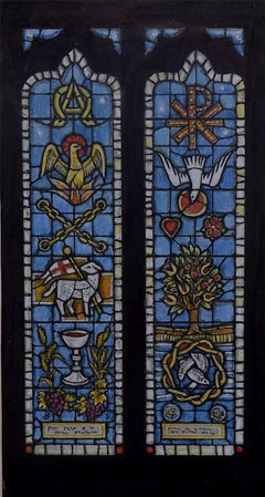 Retro St Leonards Church, Stagsden, Watercolour Stained Glass Window Design, Jane Gray