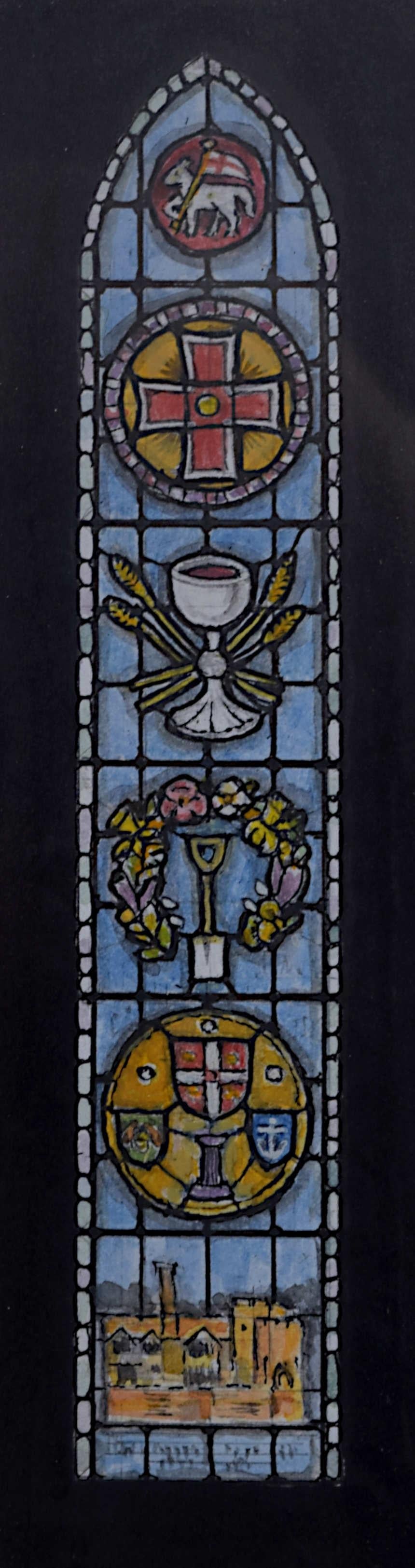 We acquired a series of watercolour stained glass designs from Jane Gray's studio. To find more scroll down to "More from this Seller" and below it click on "See all from this seller." 

Jane Gray (b.1931)
Stained Glass Design
Watercolour
17.5 x 5