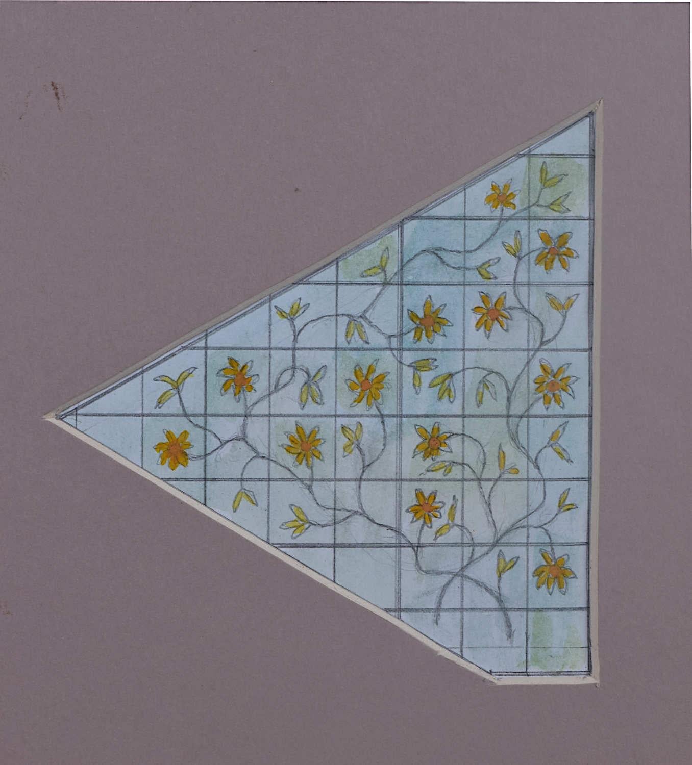 We acquired a series of watercolour stained glass designs from Jane Gray's studio. To find more scroll down to "More from this Seller" and below it click on "See all from this seller." 

Jane Gray (b.1931)
Stained Glass Design
Watercolour
11.5 x 11