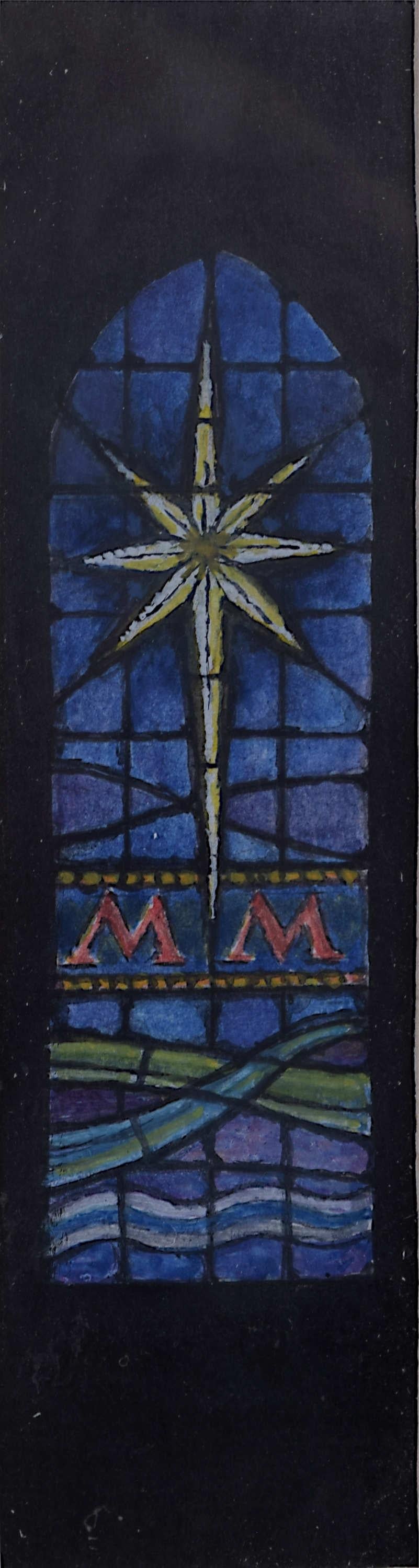 We acquired a series of watercolour stained glass designs from Jane Gray's studio. To find more scroll down to "More from this Seller" and below it click on "See all from this seller." 

Jane Gray (b.1931)
Stained Glass Design
Watercolour
12.5 x 3.5