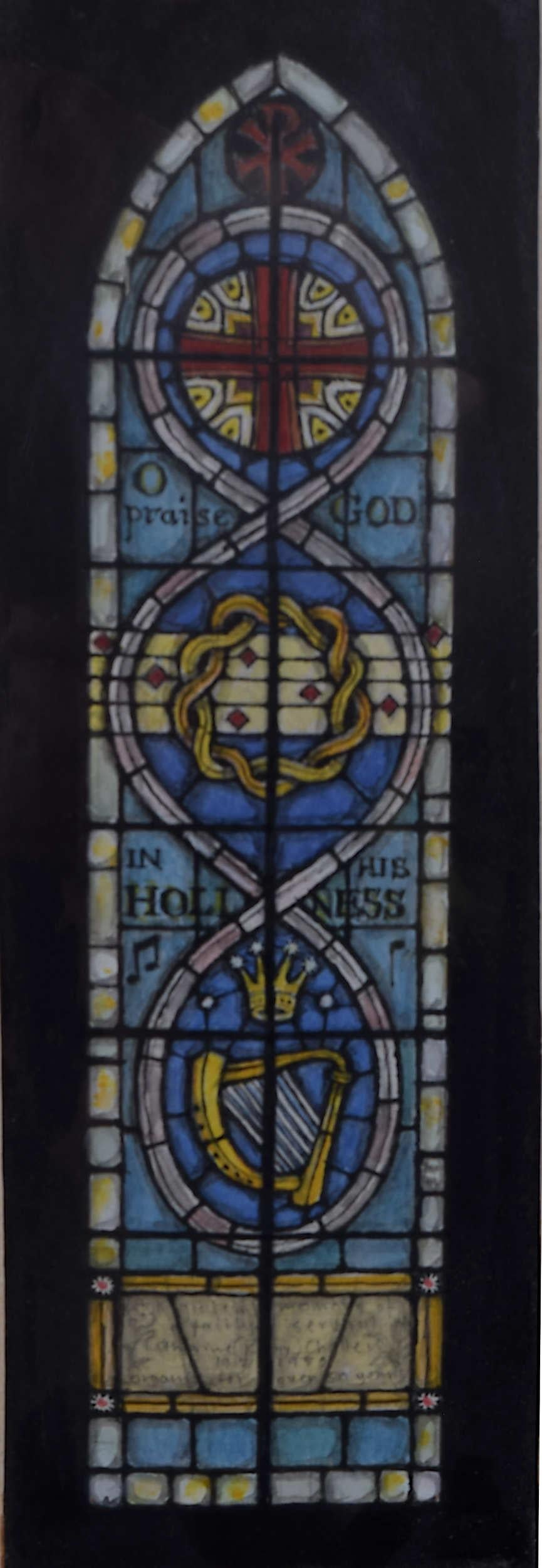 We acquired a series of watercolour stained glass designs from Jane Gray's studio. To find more scroll down to "More from this Seller" and below it click on "See all from this seller." 

Jane Gray (b.1931)
Stained Glass Design
Watercolour
18 x 6