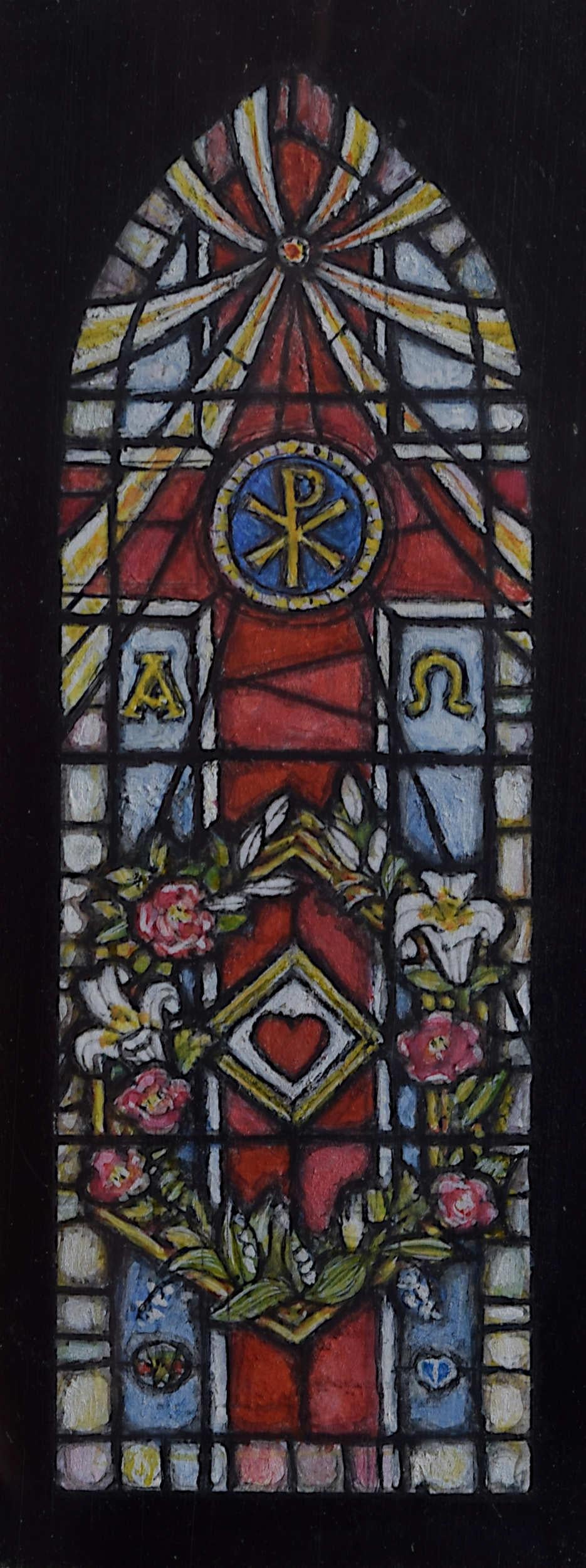 We acquired a series of watercolour stained glass designs from Jane Gray's studio. To find more scroll down to "More from this Seller" and below it click on "See all from this seller." 

Jane Gray (b.1931)
Stained Glass Design
Watercolour
11.5 x 4.5