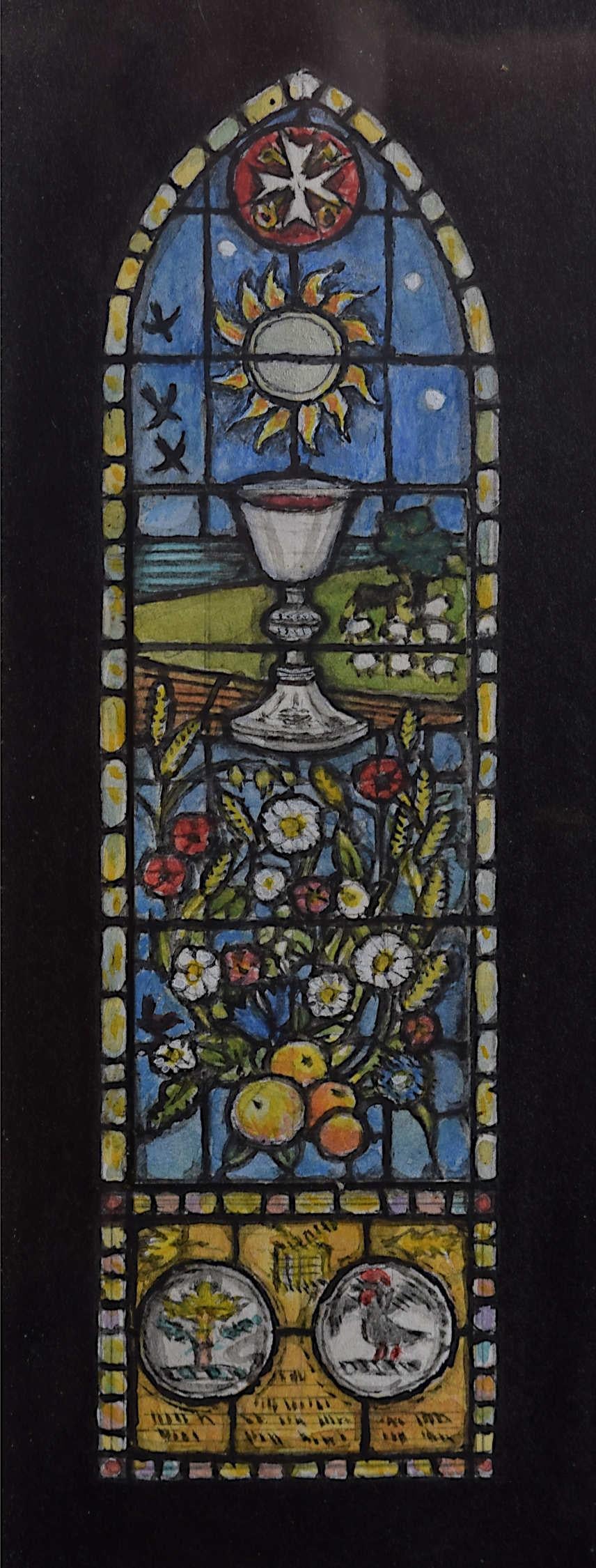 We acquired a series of watercolour stained glass designs from Jane Gray's studio. To find more scroll down to "More from this Seller" and below it click on "See all from this seller." 

Jane Gray (b.1931)
Stained Glass Design
Watercolour
16.5 x 5.5