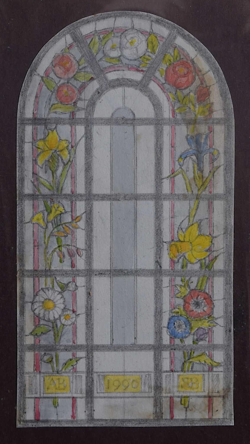 We acquired a series of watercolour stained glass designs from Jane Gray's studio. To find more scroll down to "More from this Seller" and below it click on "See all from this seller." 

Jane Gray (b.1931)
Stained Glass Design
Watercolour
14.5 x 7.5