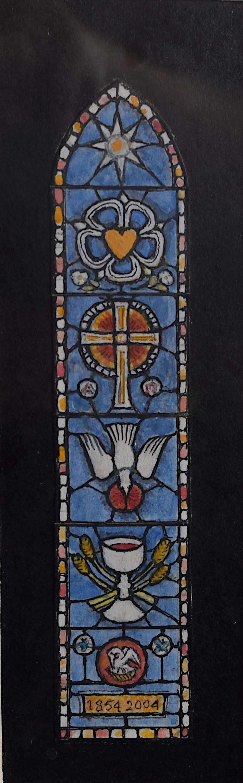 We acquired a series of watercolour stained glass designs from Jane Gray's studio. To find more scroll down to "More from this Seller" and below it click on "See all from this seller." 

Jane Gray (b.1931)
Stained Glass Design
Watercolour
16 x 5