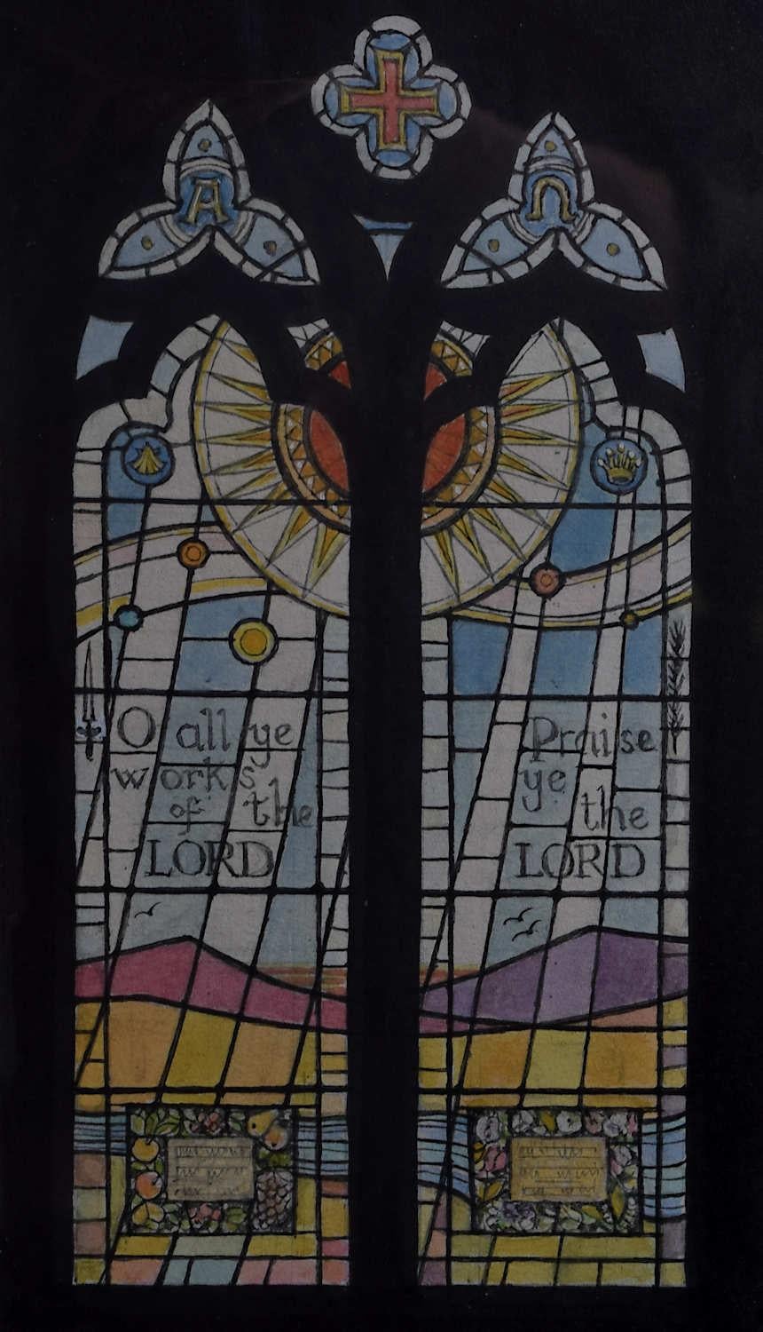 We acquired a series of watercolour stained glass designs from Jane Gray's studio. To find more scroll down to "More from this Seller" and below it click on "See all from this seller." 

Jane Gray (b.1931)
Stained Glass Design
Watercolour
19 x 11