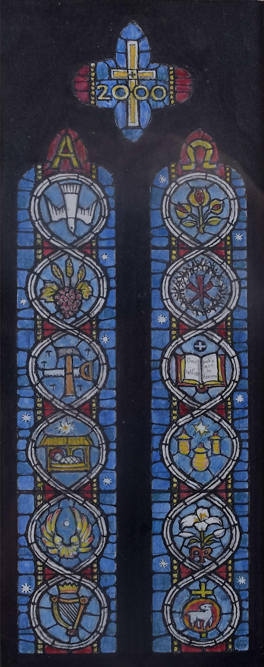 église St Lawrence, Weston sous Penyard, dessin de fenêtre à l'aquarelle, Jane Gray