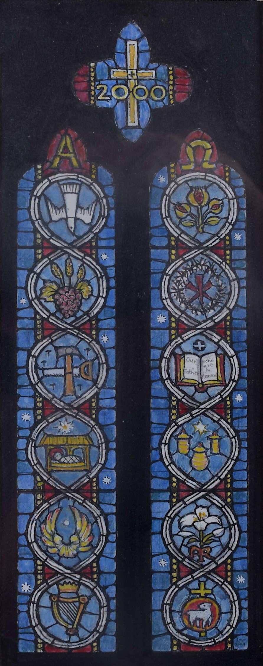 We acquired a series of watercolour stained glass designs from Jane Gray's studio. To find more scroll down to "More from this Seller" and below it click on "See all from this seller." 

Jane Gray (b.1931)
Stained Glass Design
Watercolour
21.5 x 8.5