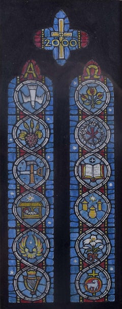 Retro St Lawrence Church, Weston under Penyard, Watercolour Window Design, Jane Gray