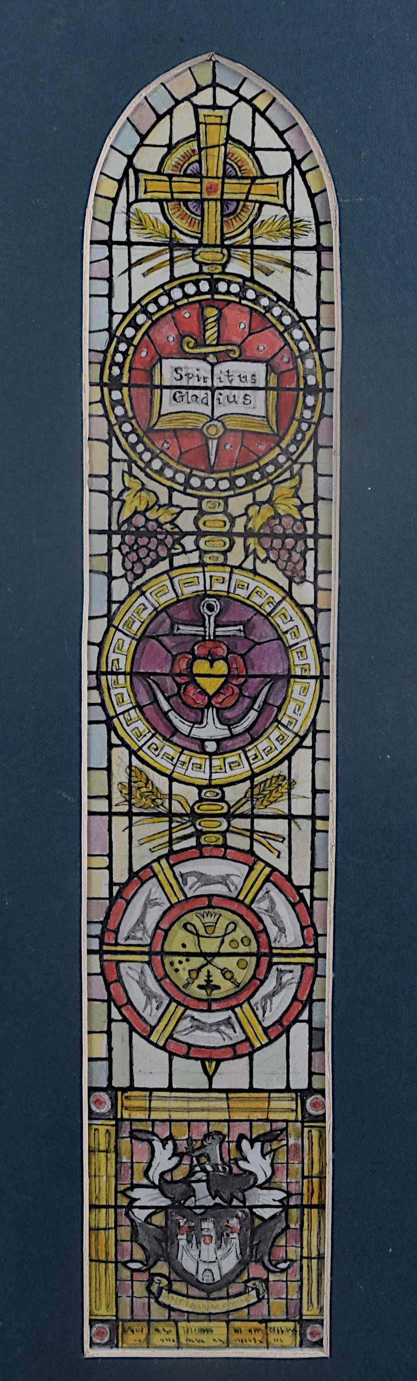 We acquired a series of watercolour stained glass designs from Jane Gray's studio. To find more scroll down to "More from this Seller" and below it click on "See all from this seller." 

Jane Gray (b.1931)
Stained Glass Design
Watercolour
27.5 x 5
