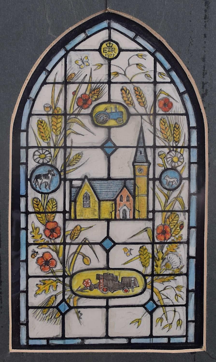 We acquired a series of watercolour stained glass designs from Jane Gray's studio. To find more scroll down to "More from this Seller" and below it click on "See all from this seller." 

Jane Gray (b.1931)
Stained Glass Design
Watercolour
15.5 x 8.5
