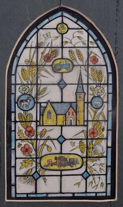 Retro Gatton Church, nr Redhill, Watercolour Stained Glass Window Design, Jane Gray