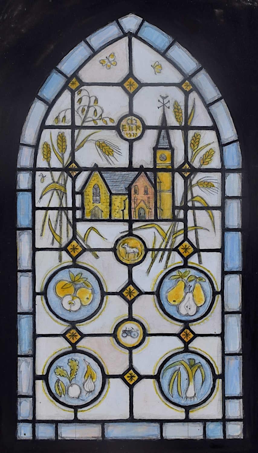 We acquired a series of watercolour stained glass designs from Jane Gray's studio. To find more scroll down to "More from this Seller" and below it click on "See all from this seller." 

Jane Gray (b.1931)
Stained Glass Design
Watercolour
16 x 9
