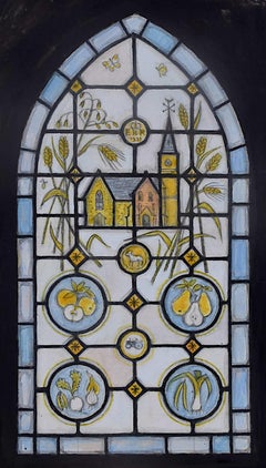 Vintage Gatton Church, nr Redhill, Watercolour Stained Glass Window Design, Jane Gray