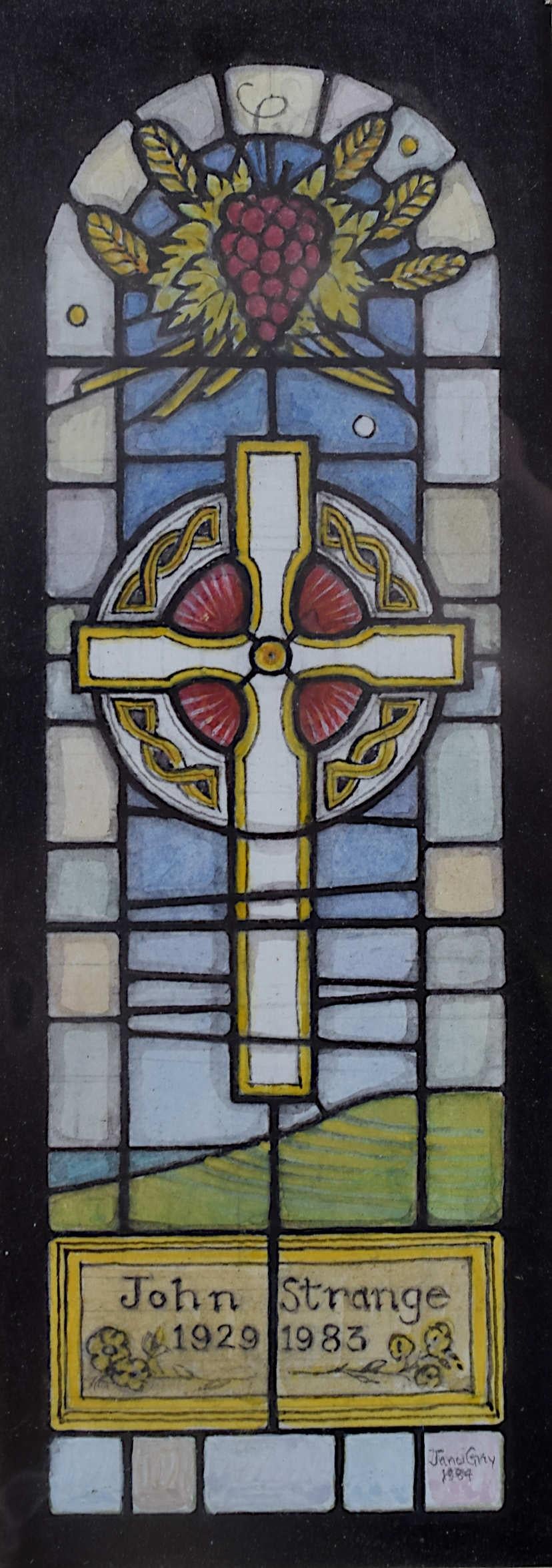 We acquired a series of watercolour stained glass designs from Jane Gray's studio. To find more scroll down to "More from this Seller" and below it click on "See all from this seller." 

Jane Gray (b.1931)
Stained Glass Design
Watercolour
17 x 6.5