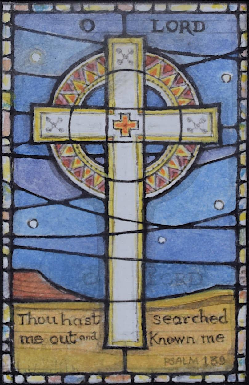 We acquired a series of watercolour stained glass designs from Jane Gray's studio. To find more scroll down to "More from this Seller" and below it click on "See all from this seller." 

Jane Gray (b.1931)
Stained Glass Design
Watercolour
7.5 x 5