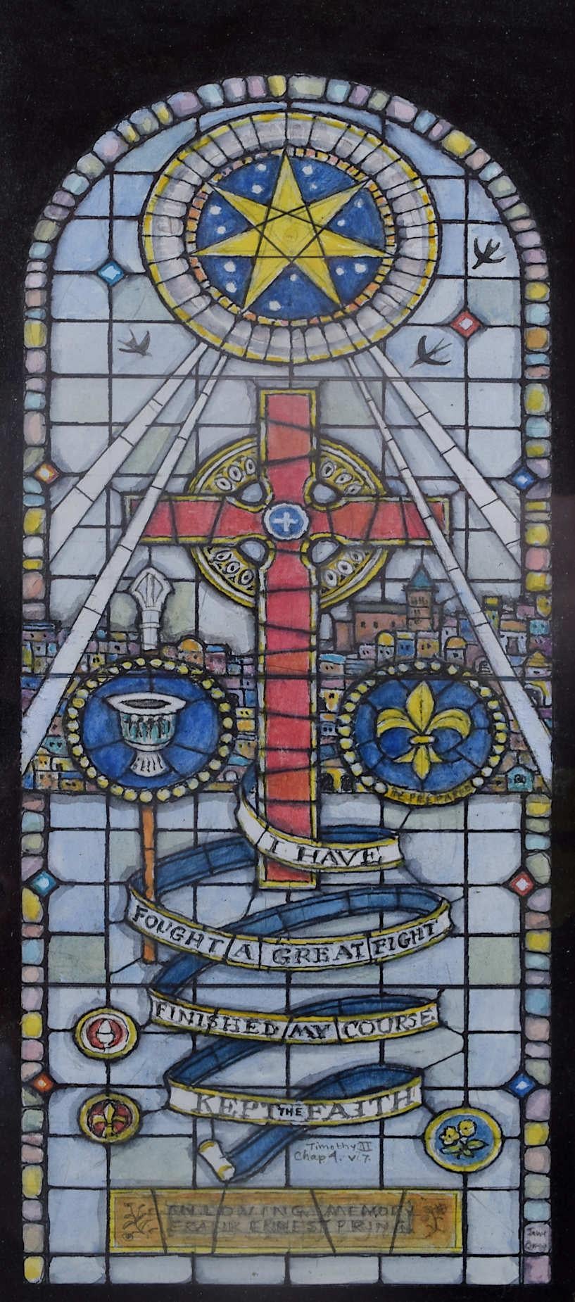 We acquired a series of watercolour stained glass designs from Jane Gray's studio. To find more scroll down to "More from this Seller" and below it click on "See all from this seller." 

Jane Gray (b.1931)
Stained Glass Design
Watercolour
25 x 9.5