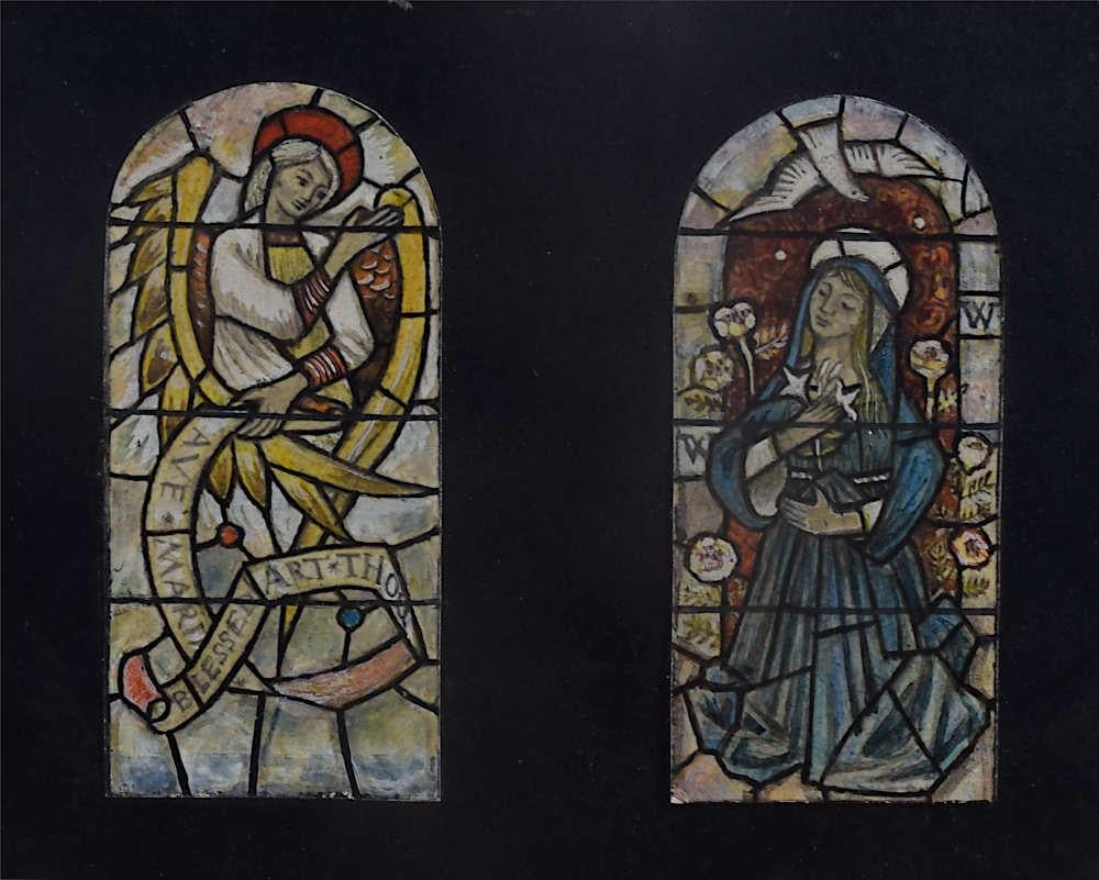 We acquired a series of watercolour stained glass designs from Jane Gray's studio. To find more scroll down to "More from this Seller" and below it click on "See all from this seller." 

Jane Gray (b.1931)
Stained Glass Design 'Ave