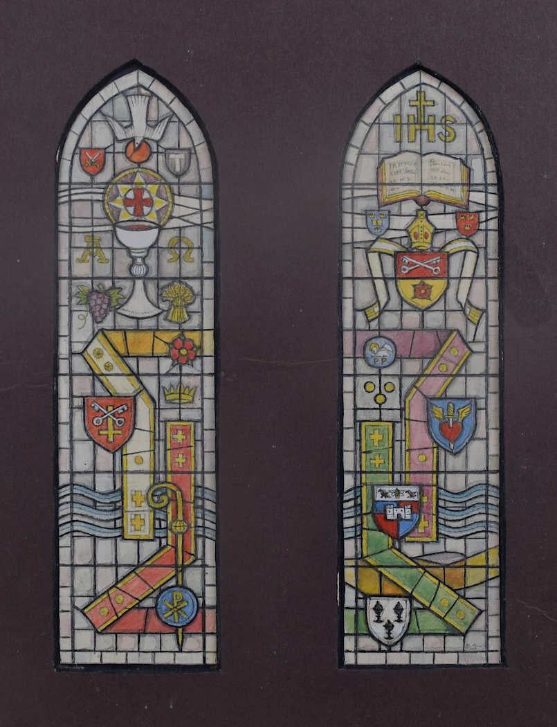We acquired a series of watercolour stained glass designs from Jane Gray's studio. To find more scroll down to "More from this Seller" and below it click on "See all from this seller." 

Jane Gray (b.1931)
Stained Glass Design
Watercolour
18 x 10