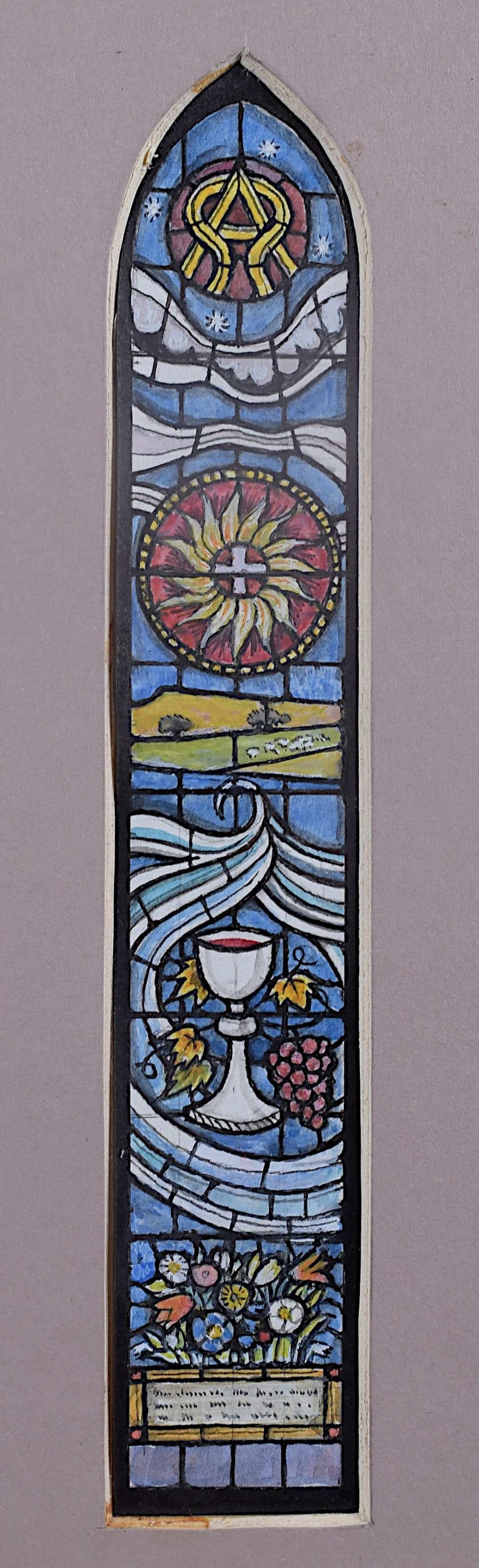 We acquired a series of watercolour stained glass designs from Jane Gray's studio. To find more scroll down to "More from this Seller" and below it click on "See all from this seller." 

Jane Gray (b.1931)
Stained Glass Design
Watercolour
20.5 x 3.5