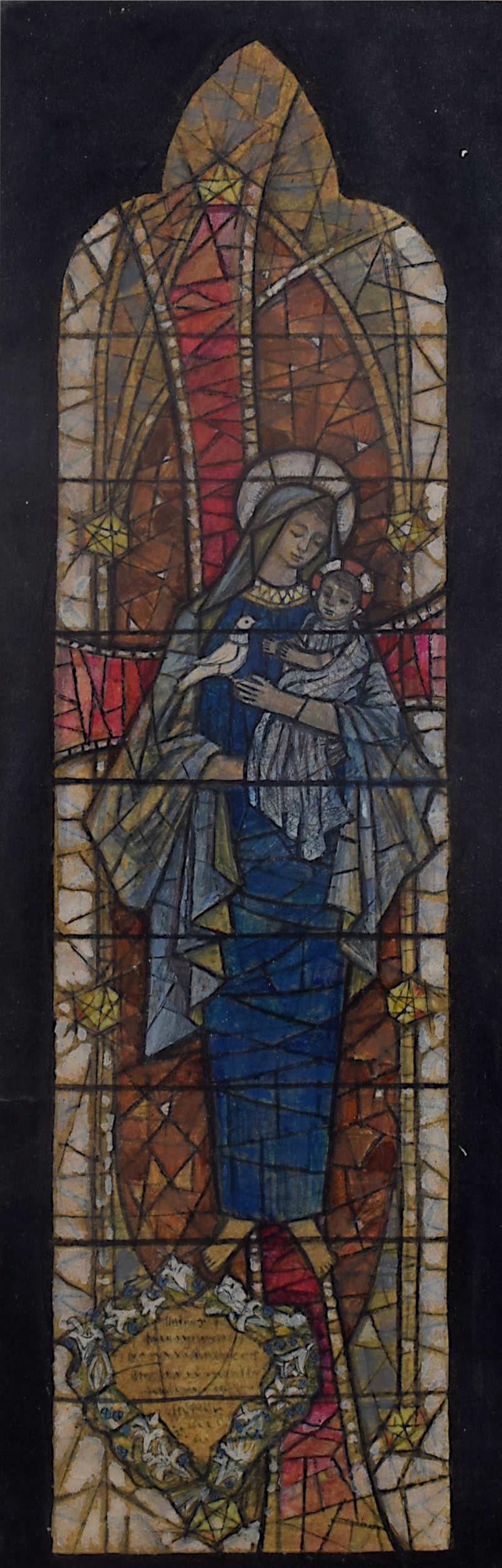 We acquired a series of watercolour stained glass designs from Jane Gray's studio. To find more scroll down to "More from this Seller" and below it click on "See all from this seller." 

Jane Gray (b.1931)
Stained Glass Design
Watercolour
27.5 x