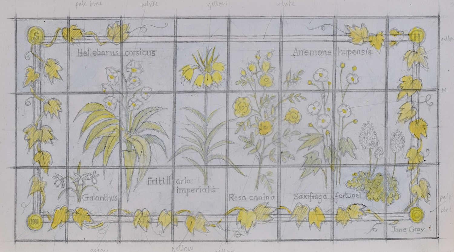 We acquired a series of watercolour stained glass designs from Jane Gray's studio. To find more scroll down to "More from this Seller" and below it click on "See all from this seller." 

Jane Gray (b.1931)
Stained Glass Design
Watercolour
11 x 20