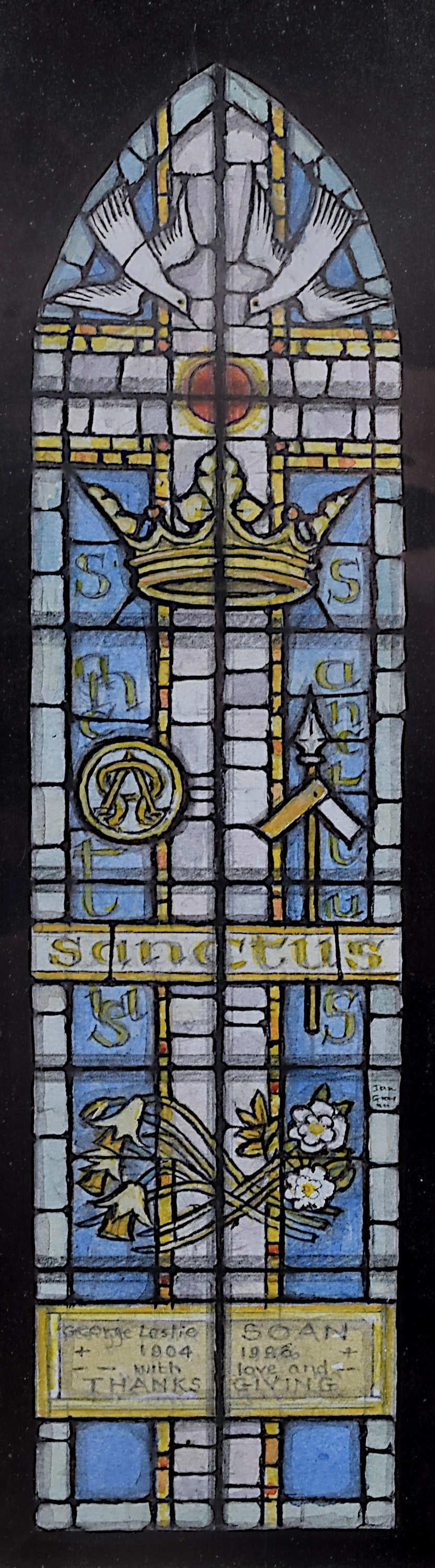 We acquired a series of watercolour stained glass designs from Jane Gray's studio. To find more scroll down to "More from this Seller" and below it click on "See all from this seller." 

Jane Gray (b.1931)
Stained Glass Design
Watercolour
18 x 5