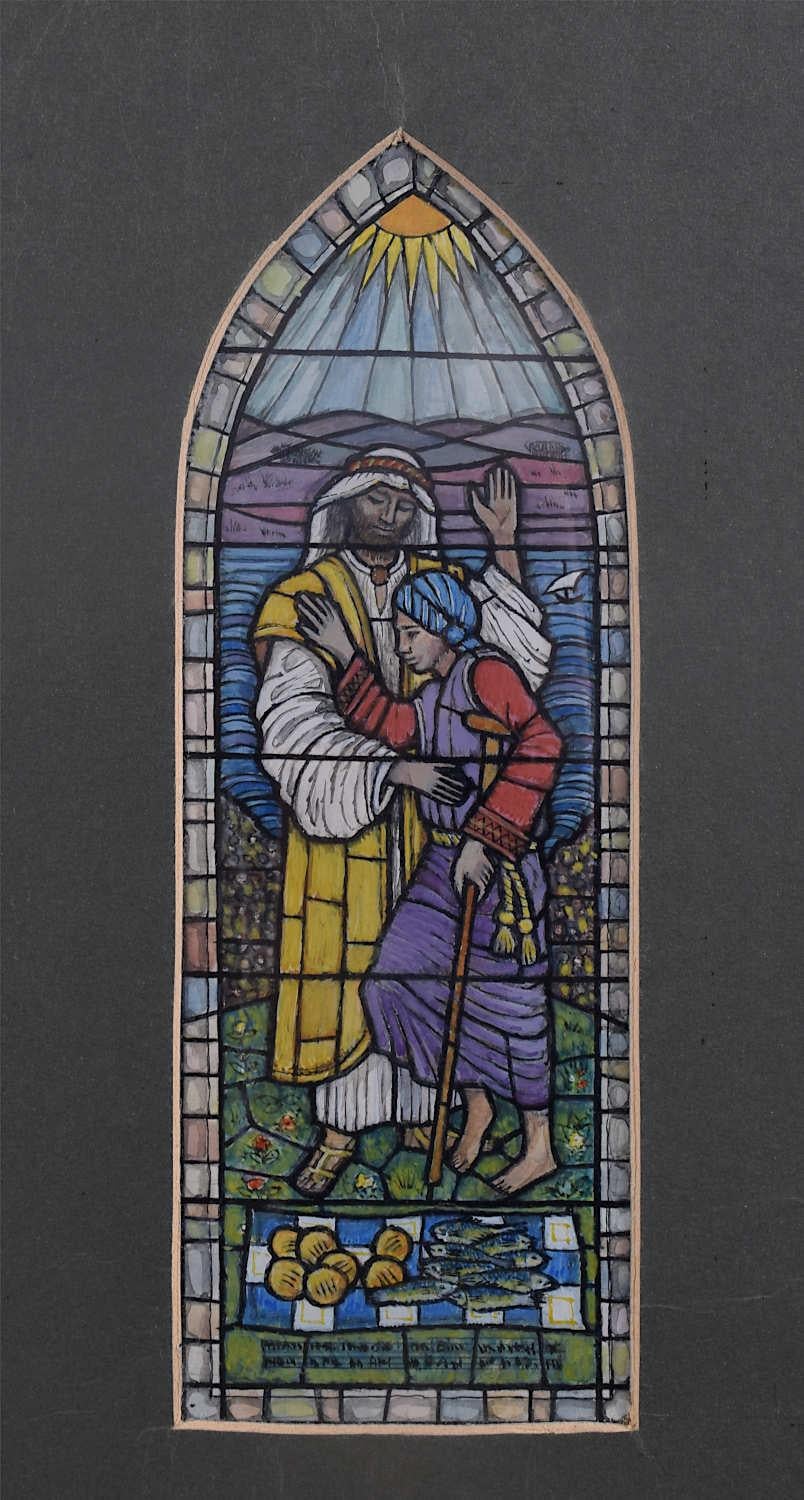 We acquired a series of watercolour stained glass designs from Jane Gray's studio. To find more scroll down to "More from this Seller" and below it click on "See all from this seller." 

Jane Gray (b.1931)
Stained Glass Design
Watercolour
19 x 6.5