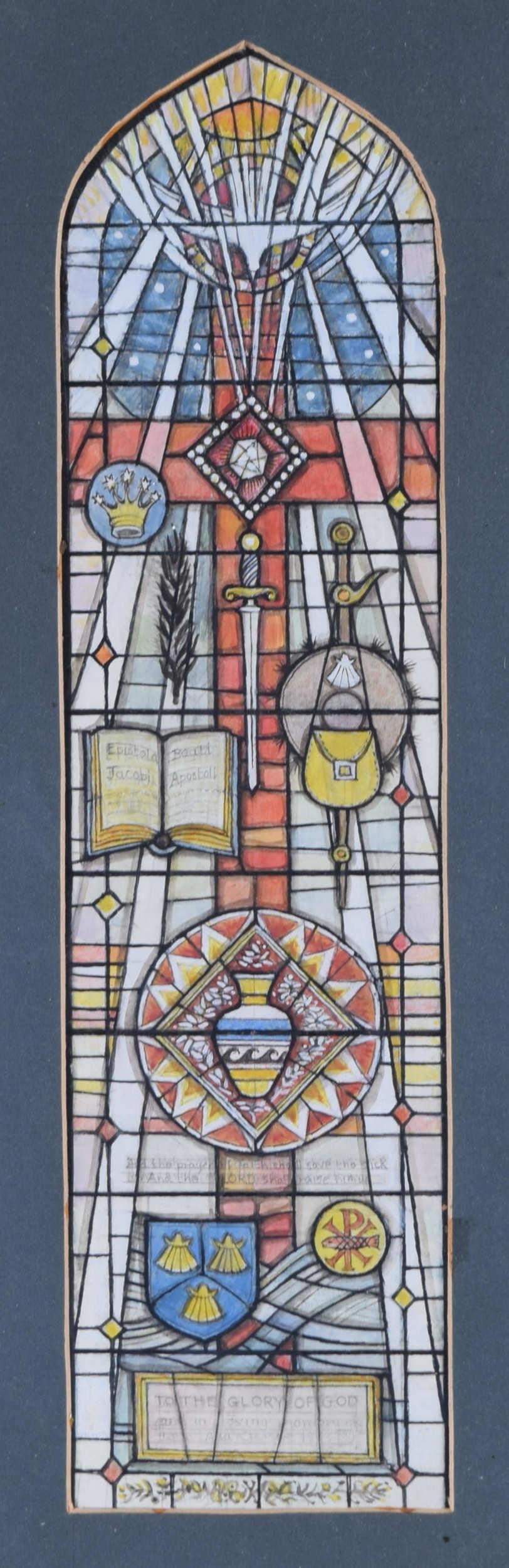 We acquired a series of watercolour stained glass designs from Jane Gray's studio. To find more scroll down to "More from this Seller" and below it click on "See all from this seller." 

Jane Gray (b.1931)
Stained Glass Design
Watercolour
30 x 12