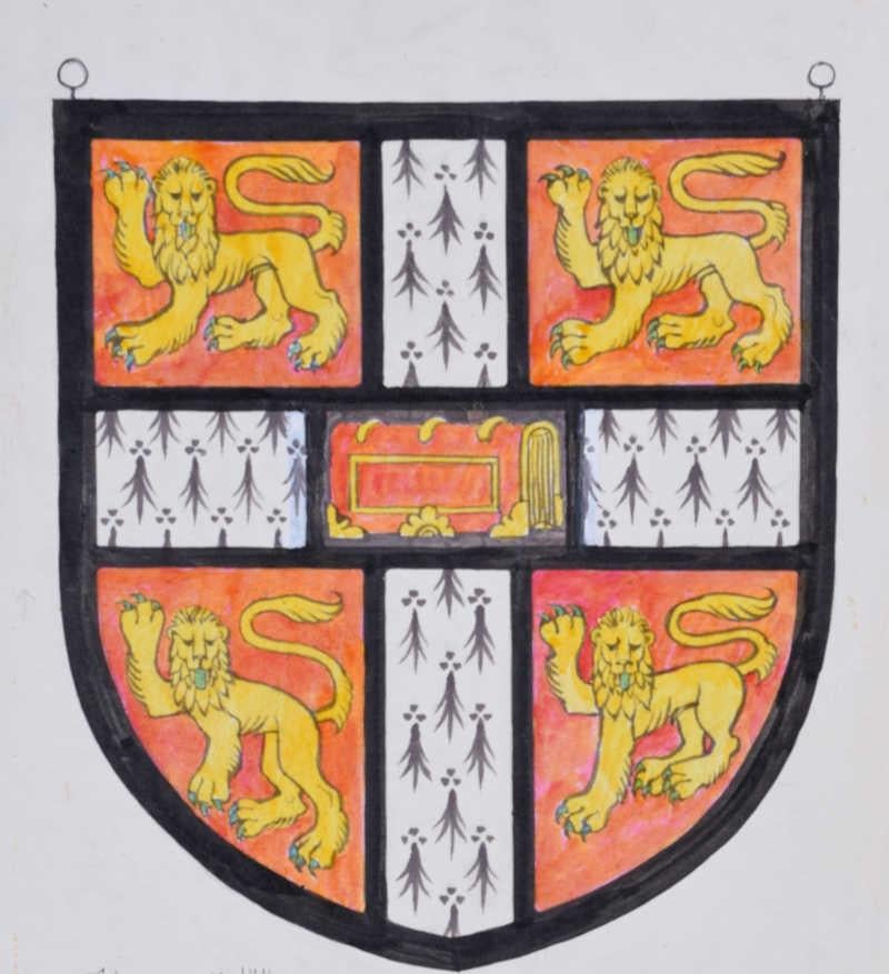 We acquired a series of watercolour stained glass designs from Jane Gray's studio. To find more scroll down to "More from this Seller" and below it click on "See all from this seller." 

Jane Gray (b.1931)
Cambridge University Arms
Watercolour
23 x