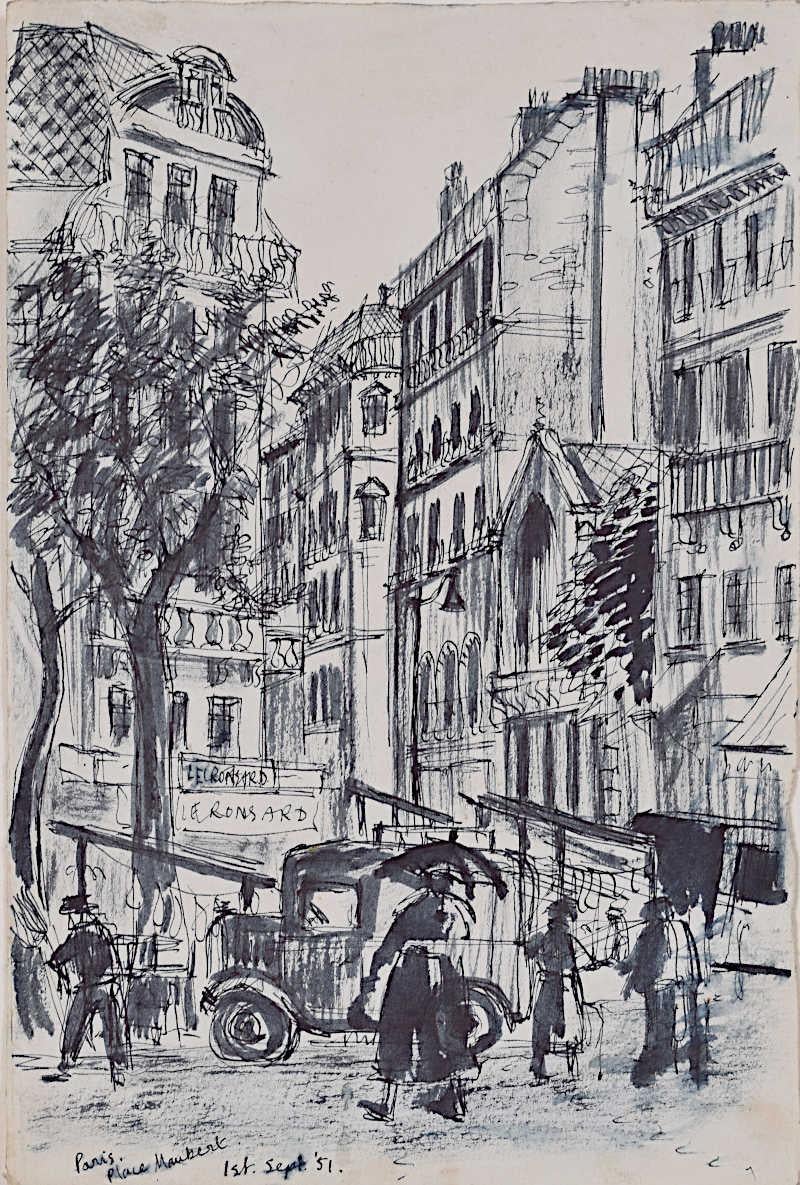 We acquired a series of works from Jane Gray's studio. To find more scroll down to "More from this Seller" and below it click on "See all from this seller." 

Jane Gray (b.1931)
Place Maubert, Paris (1951)
Ink 
24.5 x 15.5 cm
Dated.
Provenance: the