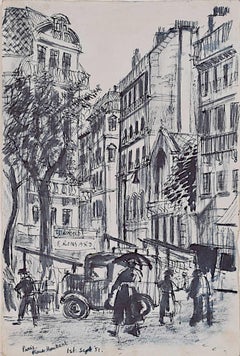 Retro Place Maubert, Paris, Ink Drawing by Jane Gray