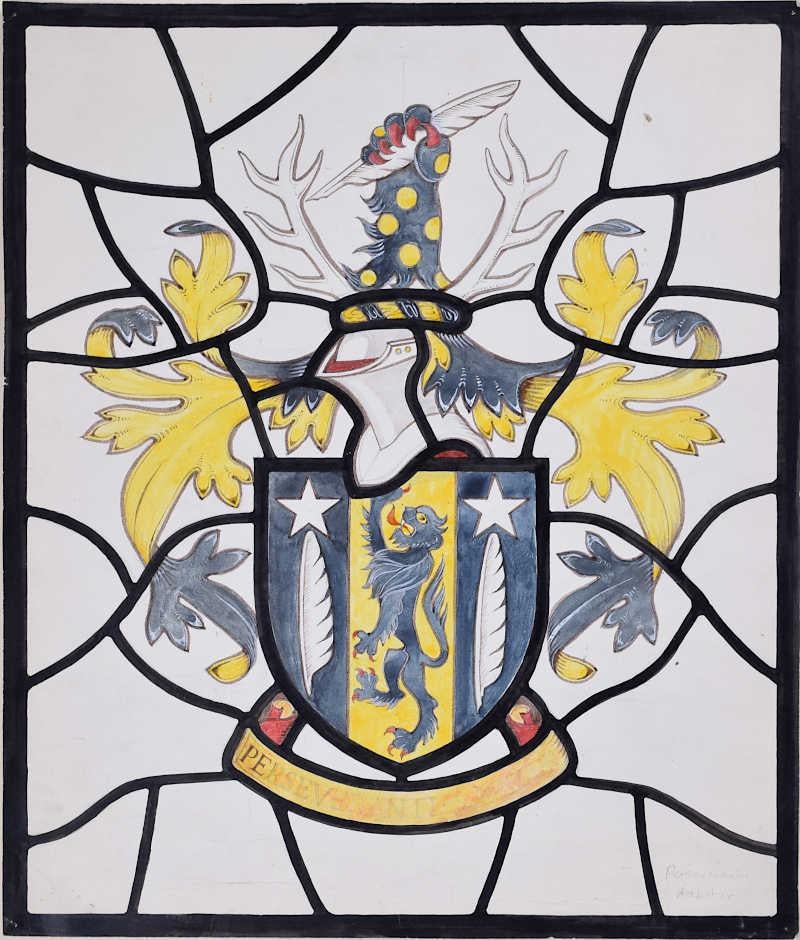 We acquired a series of watercolour stained glass designs from Jane Gray's studio. To find more scroll down to "More from this Seller" and below it click on "See all from this seller." 

Jane Gray (b.1931)
Gilmour Coat of Arms
Watercolour
23 x 21