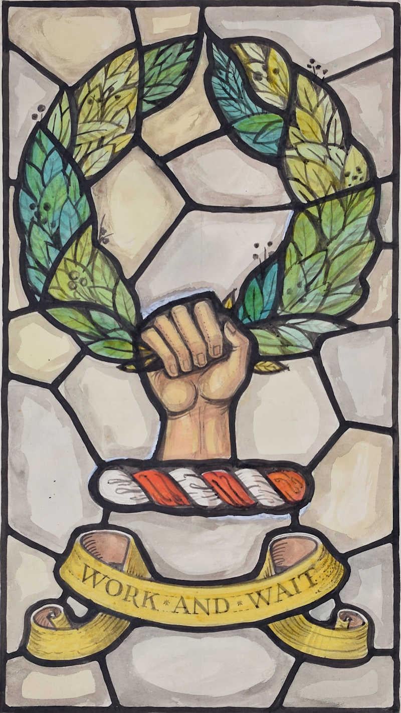 We acquired a series of watercolour stained glass designs from Jane Gray's studio. To find more scroll down to "More from this Seller" and below it click on "See all from this seller." 

Jane Gray (b.1931)
Stained Glass Design
Watercolour
37.5 x