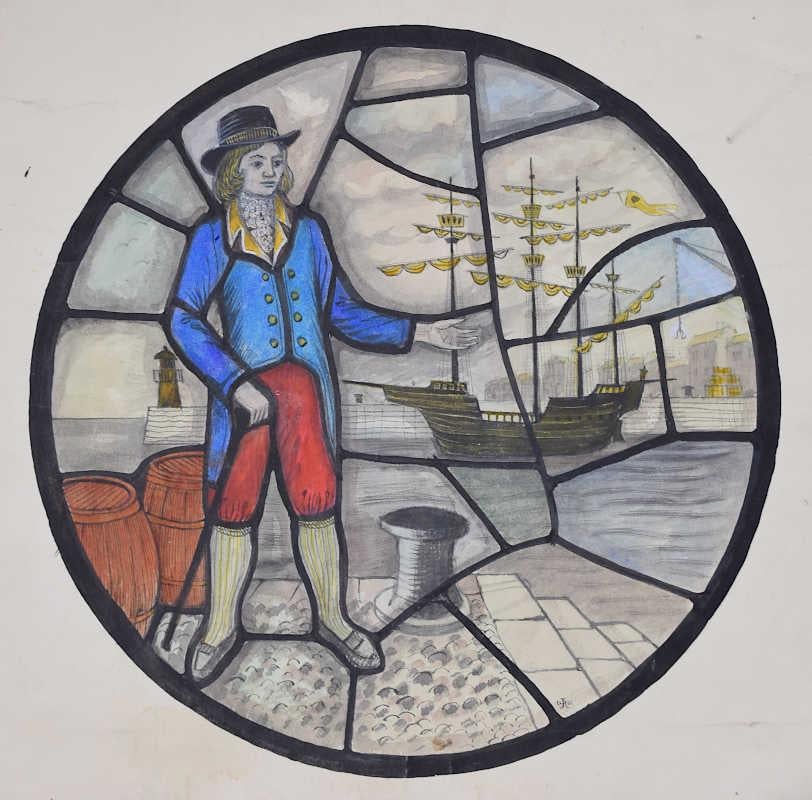 We acquired a series of watercolour stained glass designs from Jane Gray's studio. To find more scroll down to "More from this Seller" and below it click on "See all from this seller." 

Jane Gray (b.1931)
Stained Glass Design (1962)
Watercolour
D.