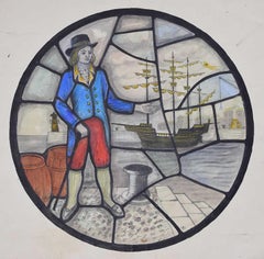 Aquarelle de la scène portuaire pour le rondelle de verre teinté de Jane Gray