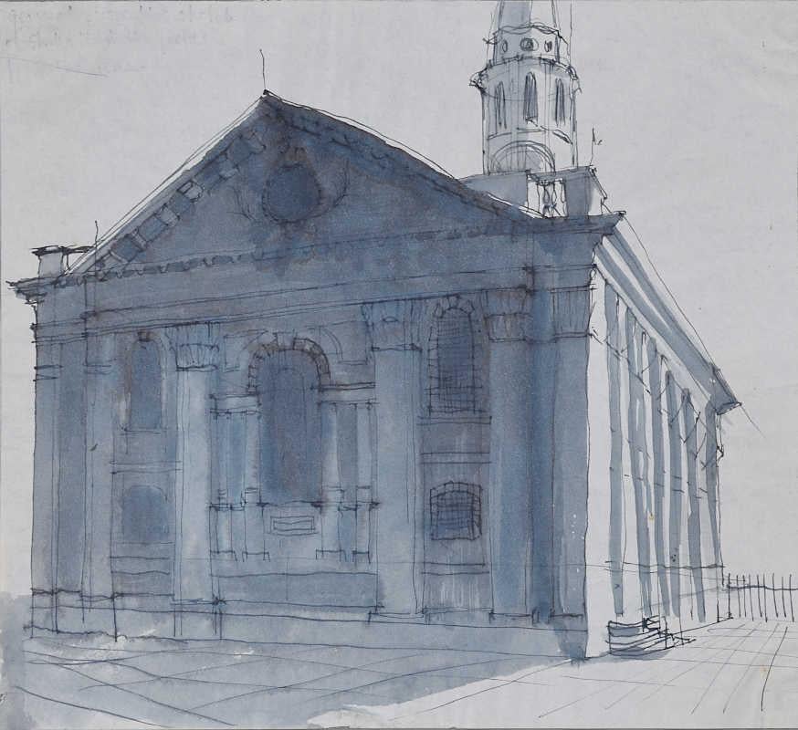 We acquired a series of works from Jane Gray's studio. To find more scroll down to "More from this Seller" and below it click on "See all from this seller." 

Jane Gray (b.1931)
St Martin in the Fields, London
Ink and watercolour
18 x 19.5
