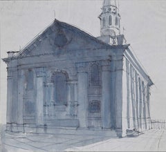 Retro St Martin in the Fields, London, Ink and Watercolour Drawing by Jane Gray