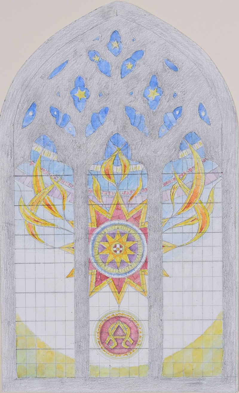 We acquired a series of watercolour stained glass designs from Jane Gray's studio. To find more scroll down to "More from this Seller" and below it click on "See all from this seller." 

Jane Gray (b.1931)
Stained Glass Design
Watercolour and