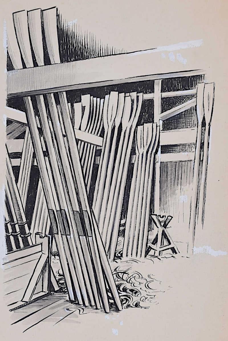 We acquired a series of marine works from Laurence Dunn's Archives. To find more scroll down to "More from this Seller" and below it click on "See all from this seller." 

Laurence Dunn (1910-2006)
Blade-making
Ink on paper
25 x 14 cm 
Partially