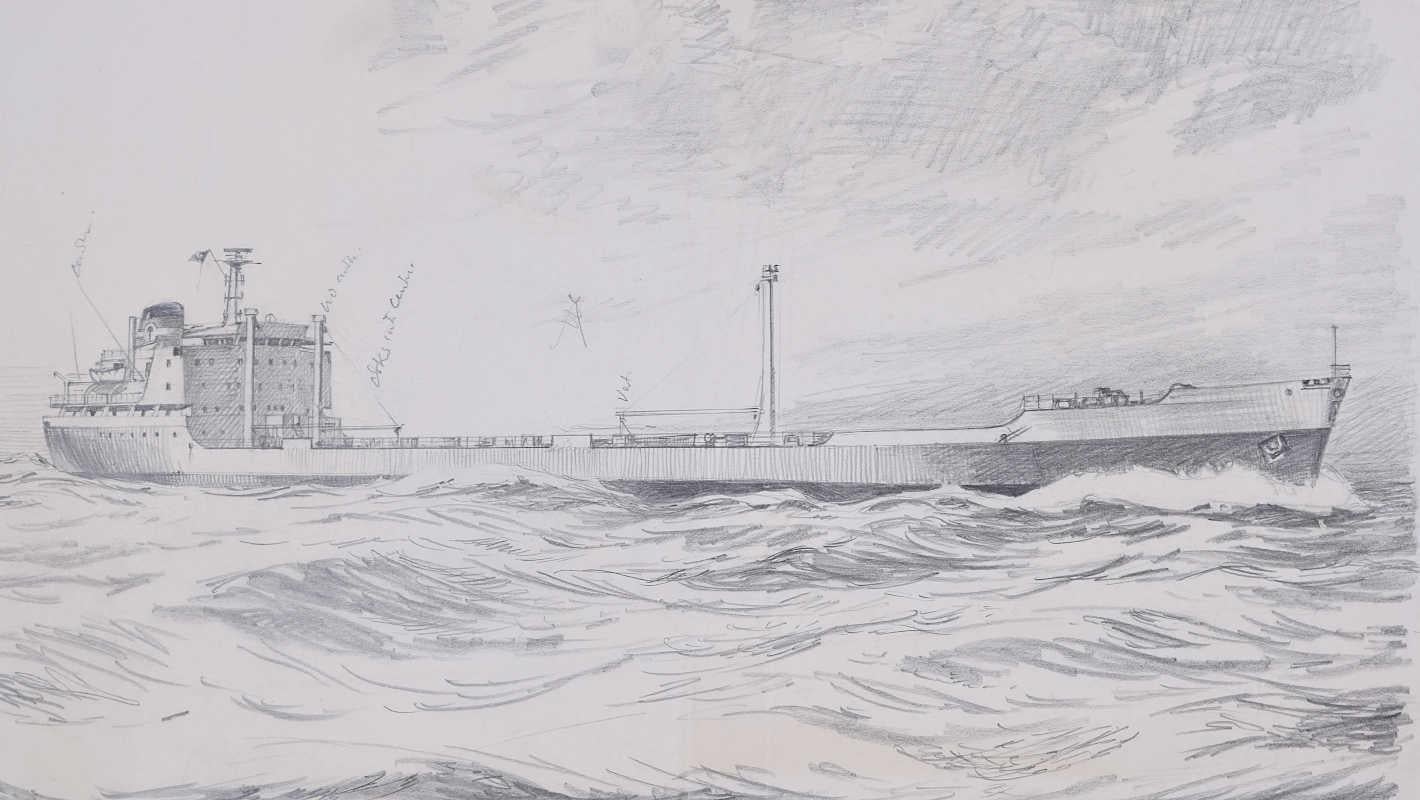 We acquired a series of marine works from Laurence Dunn's Archives. To find more scroll down to "More from this Seller" and below it click on "See all from this seller." 

Laurence Dunn (1910-2006)
Coastal Tramp
Pencil on paper
25 x 38.5 cm